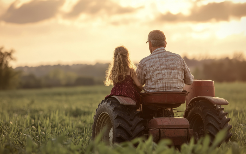 Man on tractor with child
