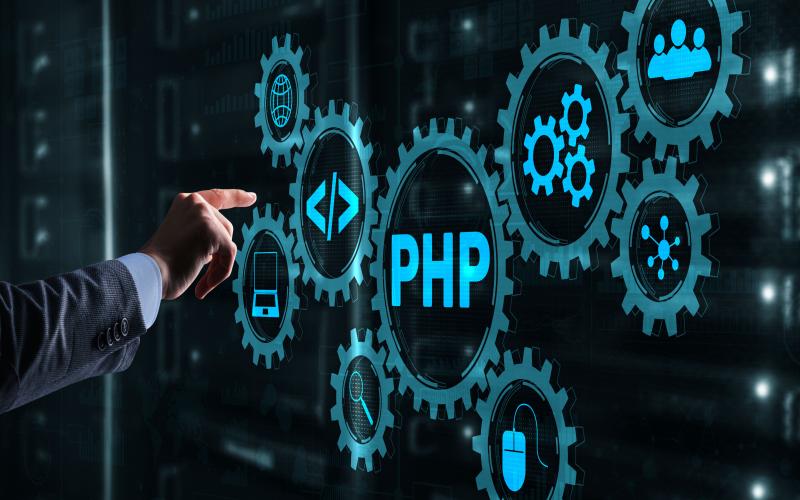 PHP in a bright circle surrounded by other computing graphics